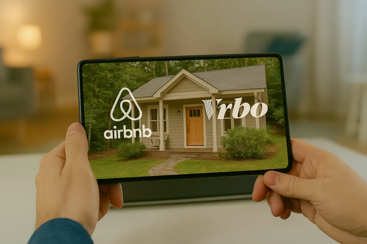 The image showcases a row of charming, well-maintained houses, which likely serve as short-term rental properties. The clear blue sky and lush greenery add to the appeal, suggesting a desirable location for temporary stays. The bold title above reads, "Why Short-Term Rental Properties Are Booming in 2024?" signaling the growing trend and profitability of short-term rentals in the real estate market. This reflects an increased demand for flexible living options, fueled by travelers, remote workers, and property investors who are capitalizing on the potential for higher income from vacation or temporary rental stays.
