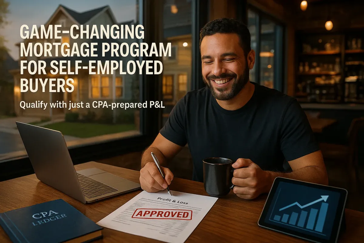 Illustration comparing traditional mortgage documentation with a P&L-only mortgage program, showing a concerned borrower rejecting paperwork and choosing a simplified income-based approval to buy a home.