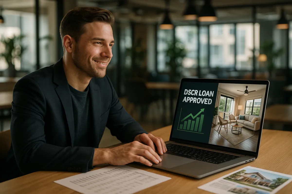 Real estate investor reviewing DSCR loan approval on laptop with rental property visuals and financial documents