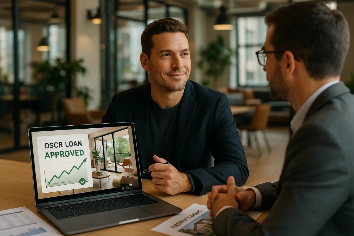 Two professionals discussing DSCR loan approval in a modern office, with a laptop screen showing 'DSCR Loan Approved' and a rising graph—ideal visual for real estate investor financing and loan consultation.
