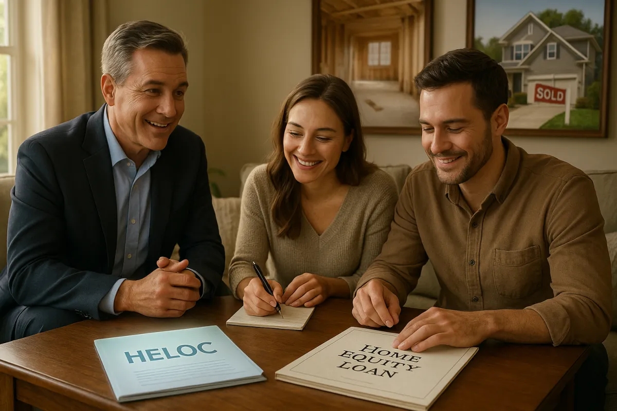 Smiling couple meeting with mortgage advisor while comparing HELOC and home equity loan options, choosing the best way to use their home equity