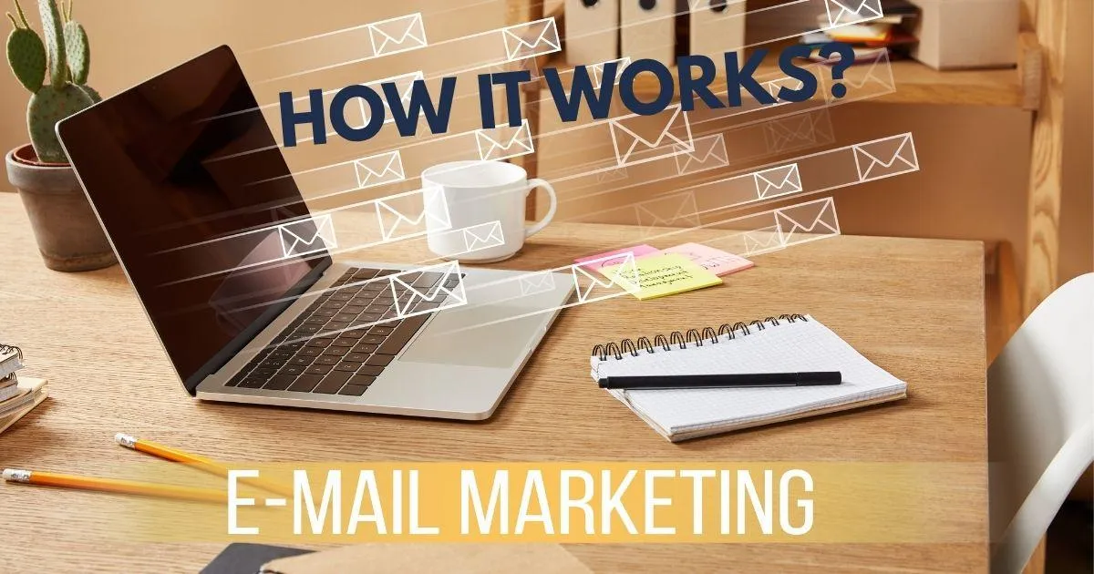 laptop email marketing with a caption how it works