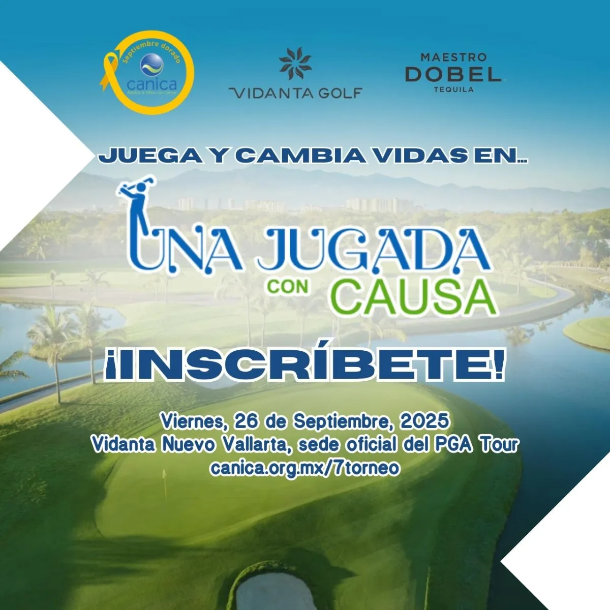 Golfistas en acción en el campo de Vidanta Nuevo Vallarta, participando en el 7º Torneo de Golf CANICA para apoyar a niñas y niños con cáncer.