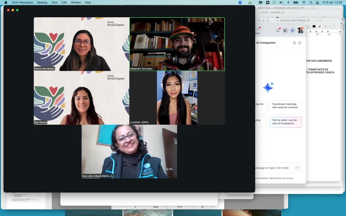 Reunión por Zoom entre el equipo de CANICA y voluntarias de Oracle Social Impact