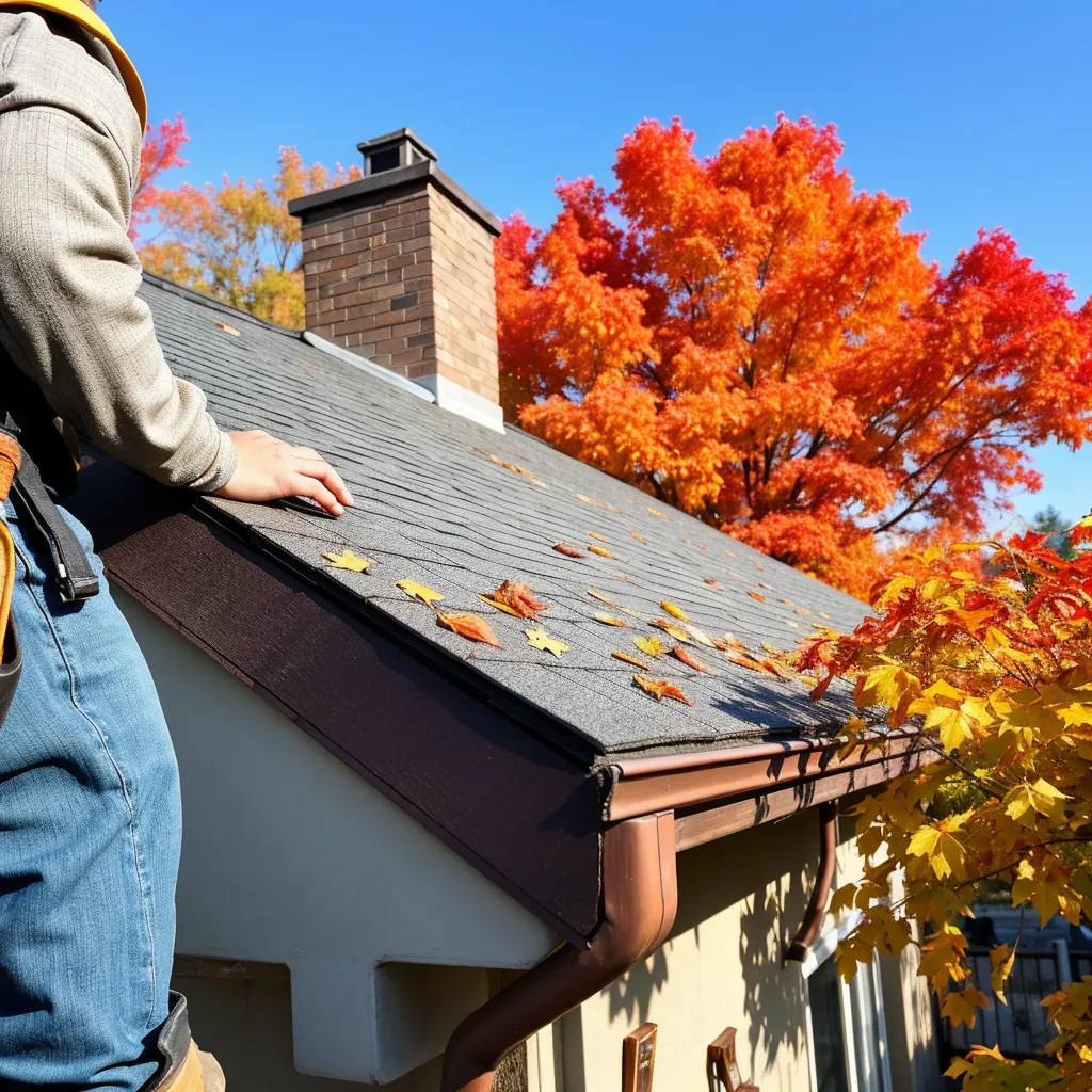 Roof inspection in Carrollton during fall to prevent winter damage with a roofer checking shingles and gutters