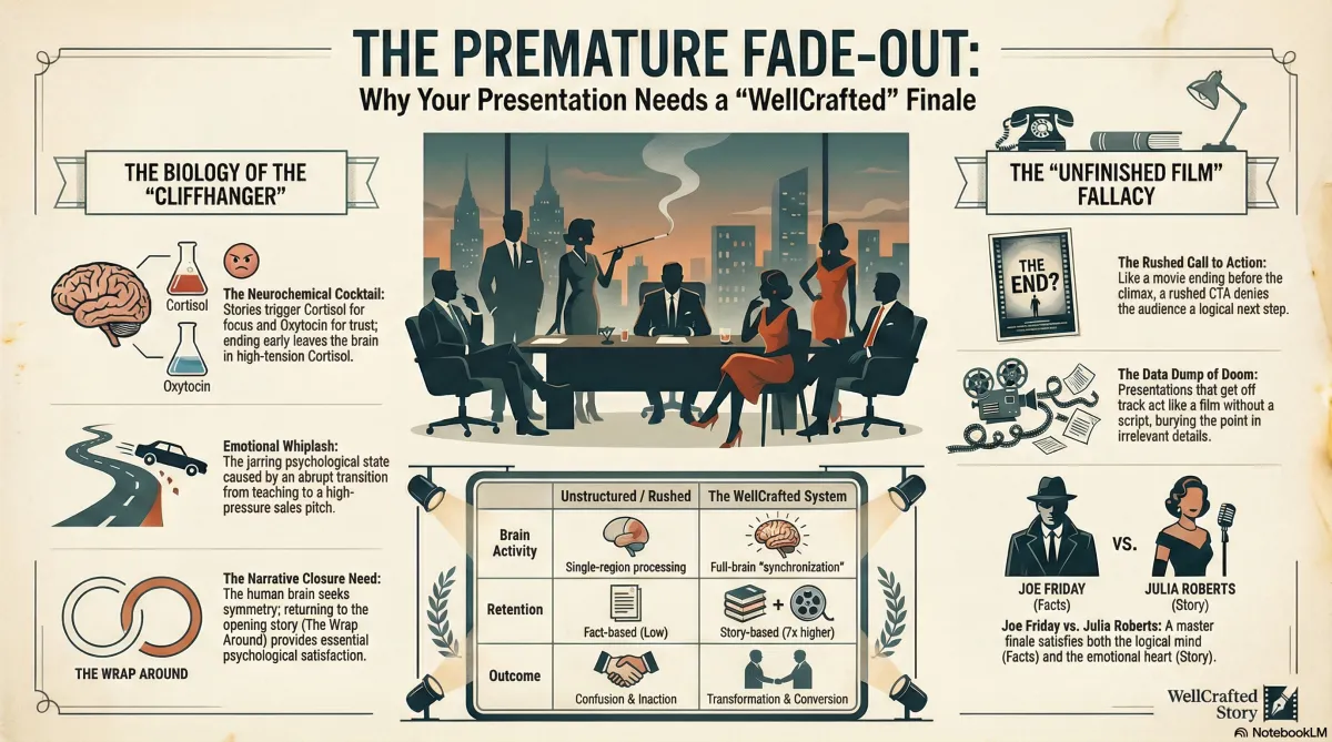 Infographic explaining why rushed presentation endings reduce clarity and action, showing how narrative closure, brain chemistry, and structured conclusions improve understanding and decision-making.