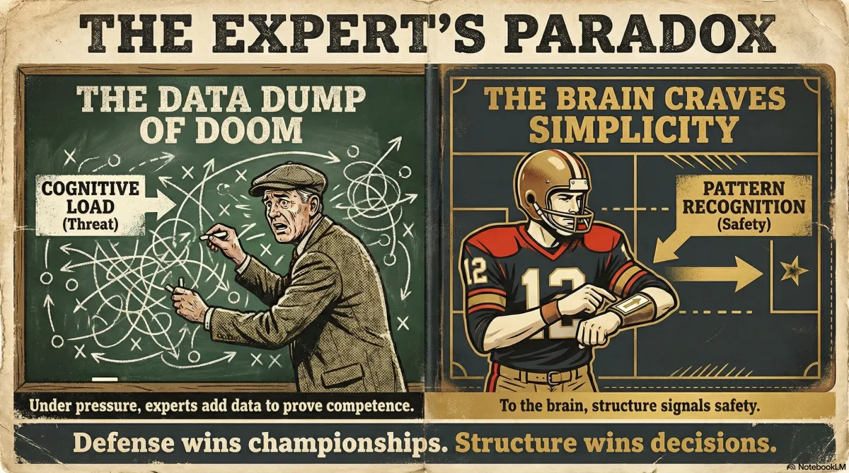 Football-themed infographic illustrating how structured communication reduces cognitive overload and increases decision clarity in high-stakes presentations.