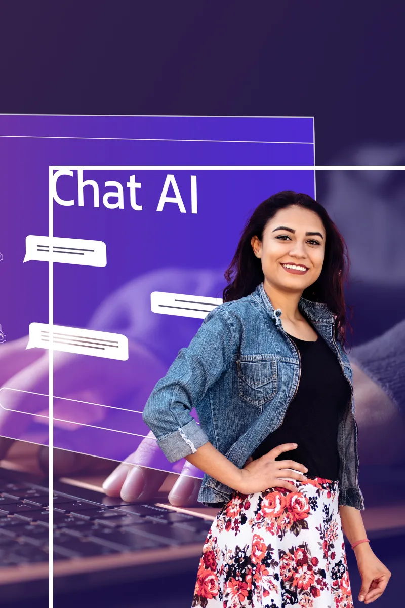 Image of Dolores, a successful entrepreneur, sitting at her desk with a laptop displaying graphs and AI tools. She's smiling confidently, symbolizing her success in using AI to grow her online business.