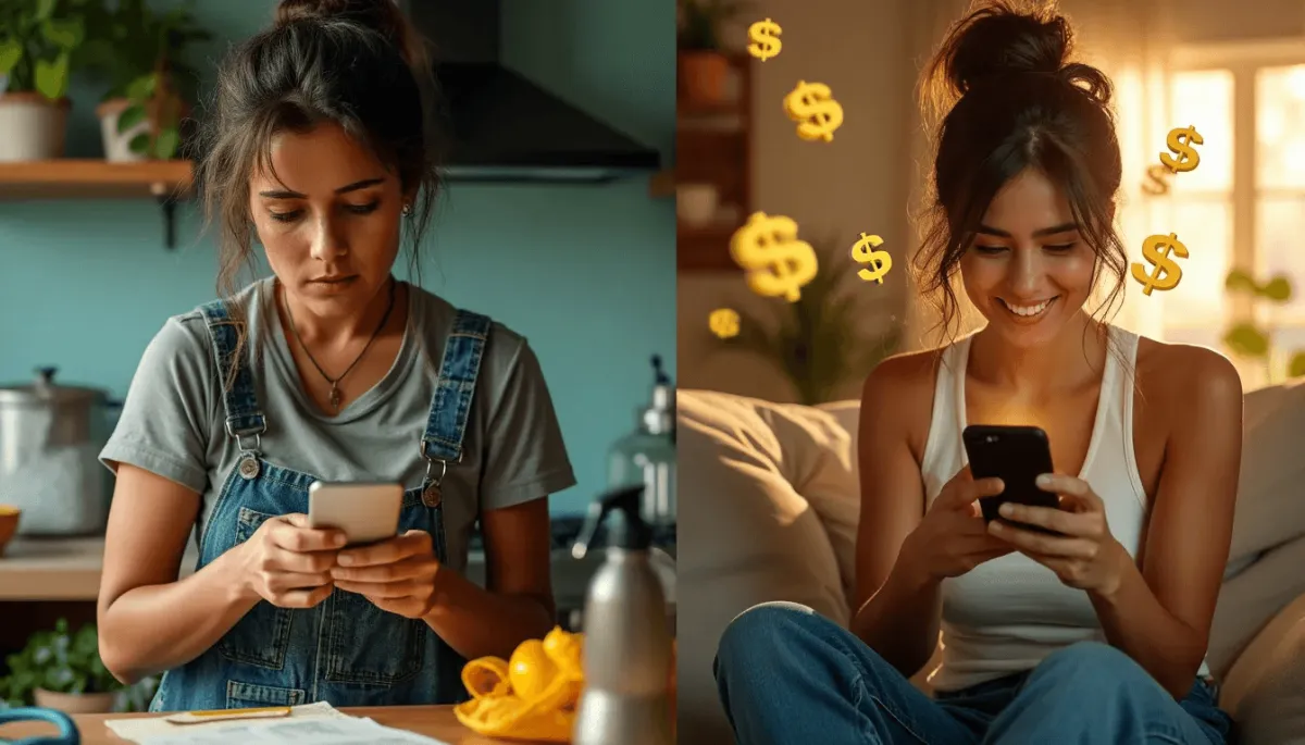 mujer ganando dinero con su telefono.