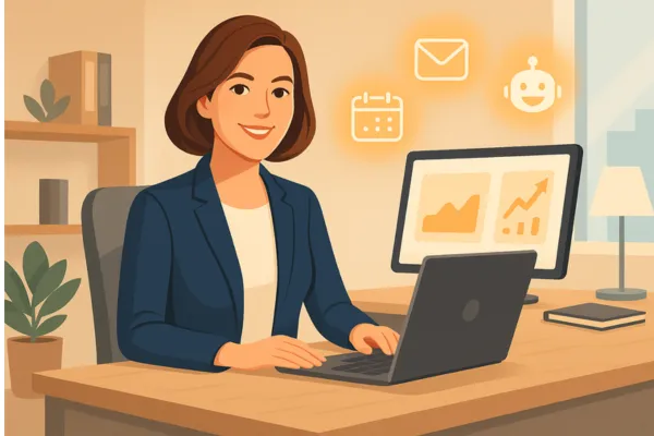 Professional coach or freelancer seated confidently at a desk with a glowing digital dashboard, surrounded by floating icons representing automation tools like calendar, email, chatbot, and payments in a bright, modern workspace.