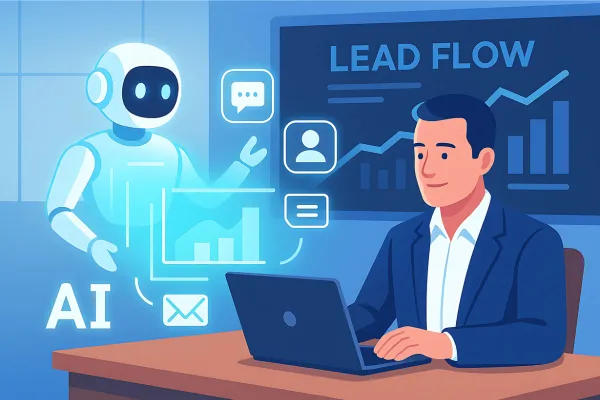 AI assistant helping a business owner manage lead generation with dashboards, charts, and automated tools in a modern digital workspace.