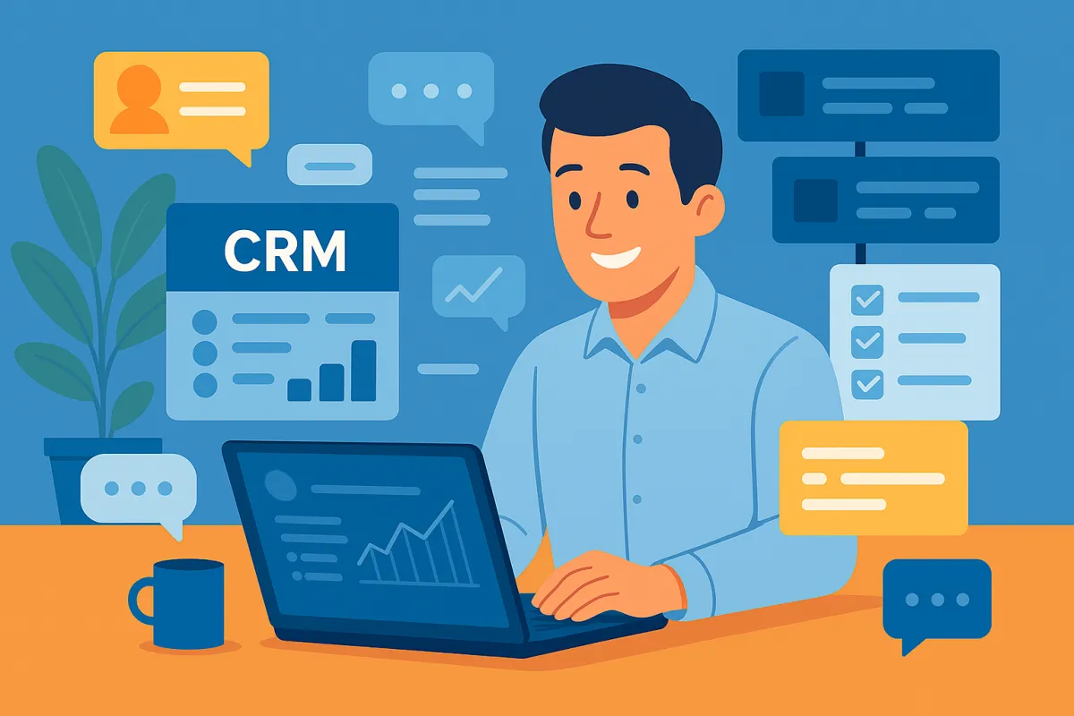 Flat-style illustration of a cheerful small business owner using a CRM dashboard on a laptop, surrounded by contact cards, sales pipelines, task checklists, and chat bubbles, representing organized customer management.
