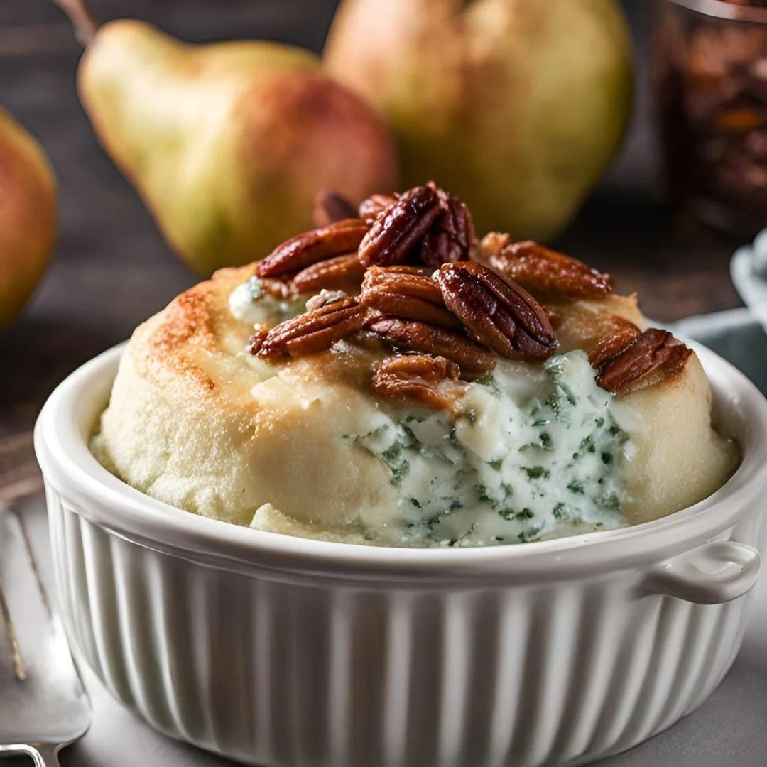 Soufflé de Roquefort con Peras Caramelizadas y Nueces Pecanas