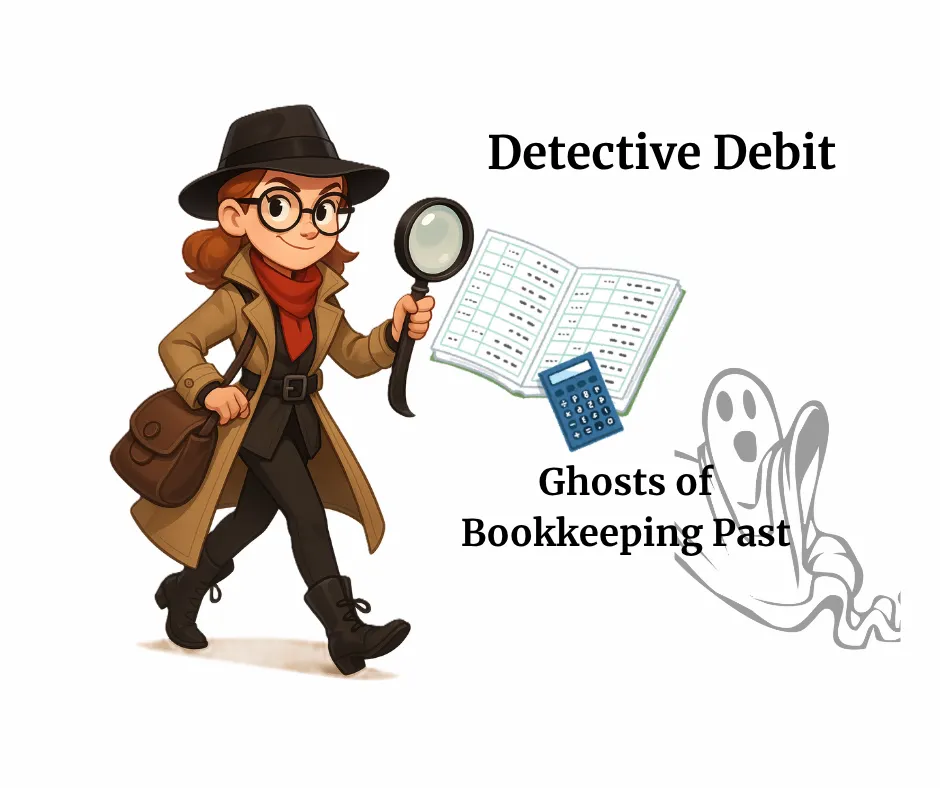 Detective Debit holds a magnifying glass, scanning a floating ledger with calculator. A semi-transparent ghost lurks behind the title text on the right, hinting at inherited bookkeeping mysteries.
