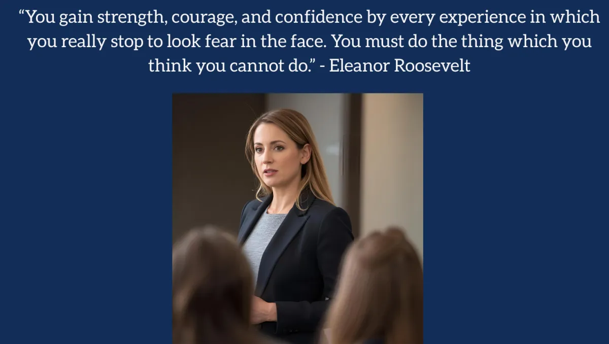 An image of a professional, looking confident and in control, perhaps standing in a boardroom and speaking to a small group. 