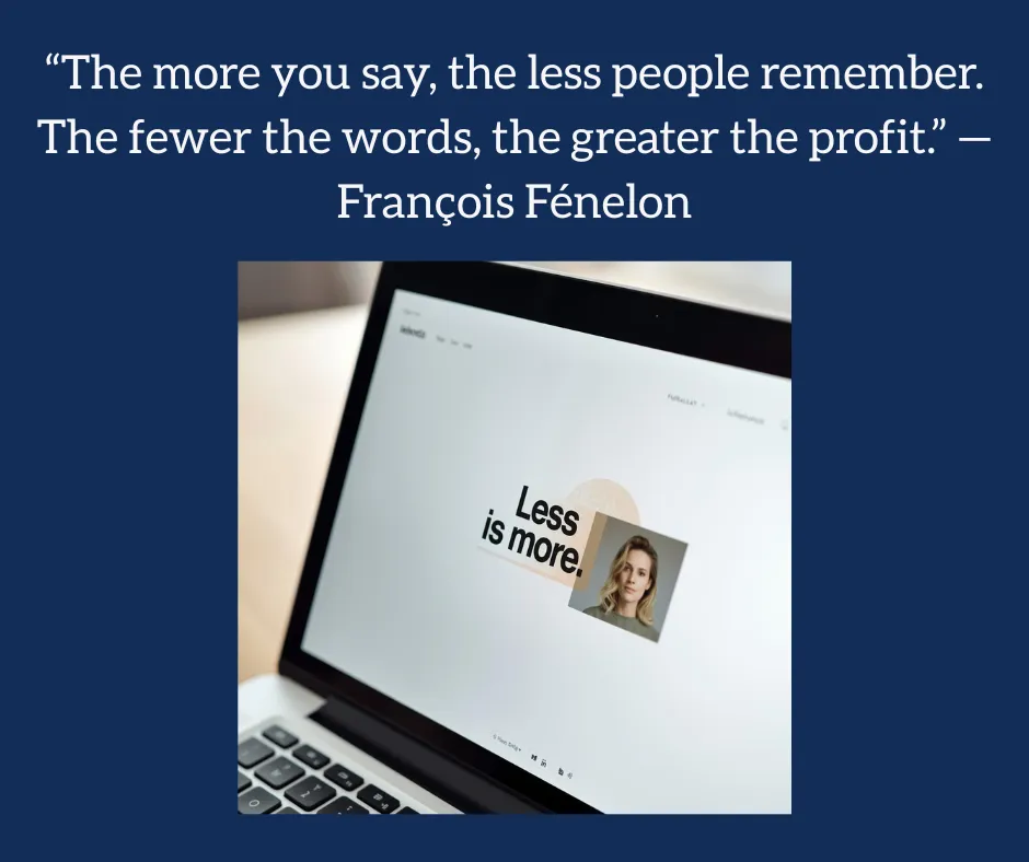 A close up of a laptop screen showing a clean slide with one image and only a few words. Represents “less is more.”