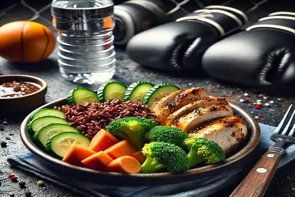 A balanced fighter meal featuring grilled chicken, brown rice, and colorful vegetables on a gym-themed background to symbolize nutrition and athletic performance.
