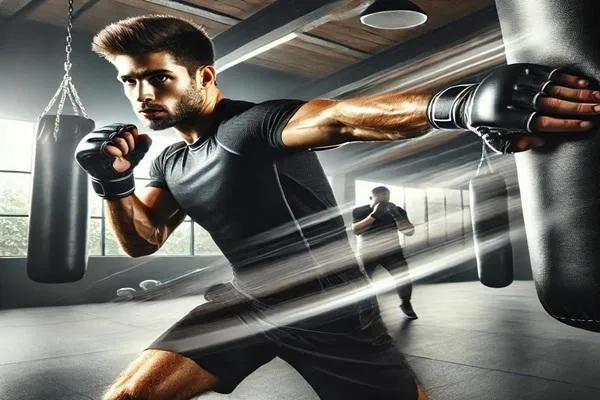 A focused fighter practicing striking speed by throwing a punch at a punching bag in a bright, modern gym, with visible motion blur emphasizing speed and precision.