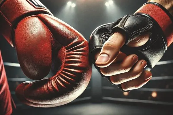 Close-up of two fighters touching gloves before a match—one wearing traditional red boxing gloves and the other wearing black MMA gloves—symbolizing the choice between boxing and MMA