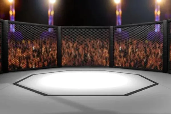An empty MMA cage under bright lights with a roaring crowd in the background, symbolizing the journey to a fighter’s first professional bout.