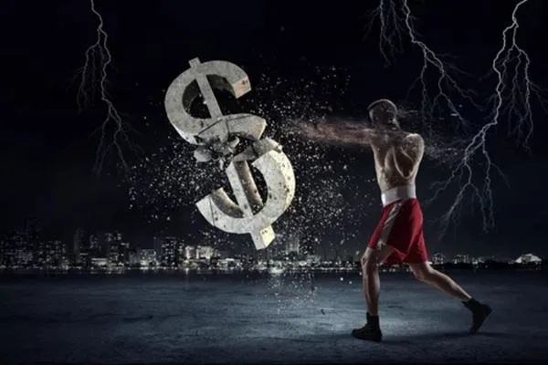 A determined MMA fighter punches through a giant dollar sign, symbolizing the struggle against bad management and financial exploitation in combat sports.
