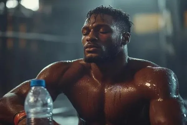Sweaty MMA fighter sitting in the gym with eyes closed, focusing on deep breathing during recovery after an intense training session.
