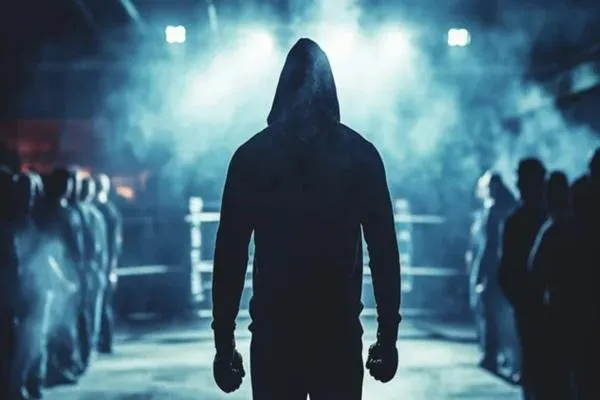 Fighter walking out to the ring surrounded by a crowd, silhouetted under dramatic lighting with a hooded sweatshirt.