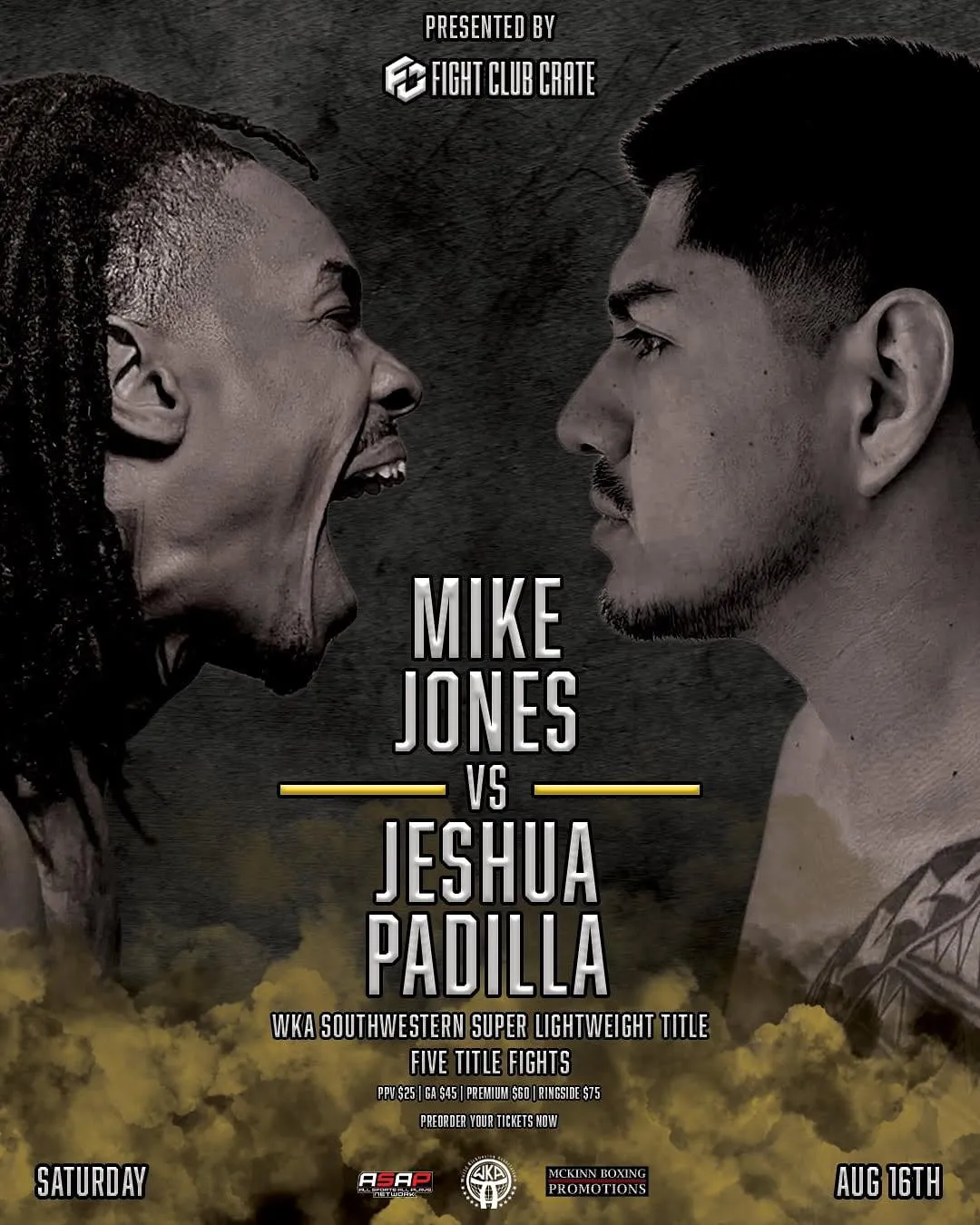 Fight poster for Apex Fight Night 7 featuring Mike Jones vs. Jeshua Padilla for the WKA Southwestern Super Lightweight Title on August 16, 2025.