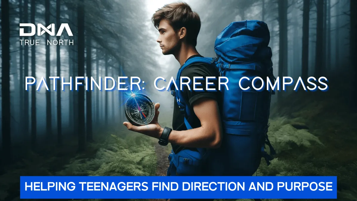 A young male adult wearing a blue backpack and carrying a large compass in his left hand walking in misty, wooded landscape, following the direction of the compass arrow. The image depicts a teenager on a career quest, following the DNA True North Pathfinder direction illustrated by the compass.