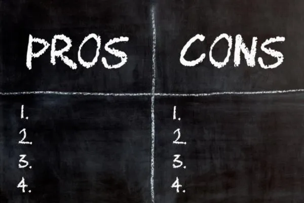 Chalkboard divided into two sections labeled "Pros" and "Cons" with empty lines for listing advantages and disadvantages, relevant to comparing daycare and nanny services.