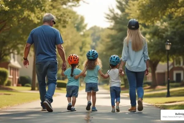 a family walking with helmets