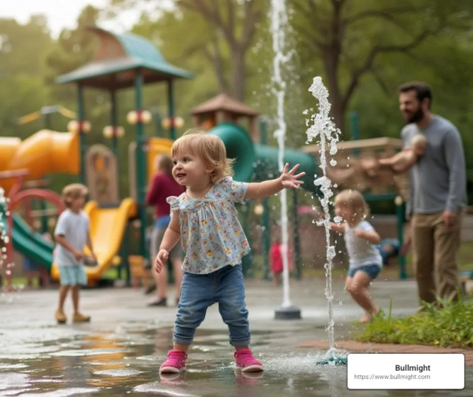 Toddler playing joyfully in a splash pad at a playground, surrounded by colorful play structures and other children, reflecting family-friendly activities near Lawrenceville, GA.