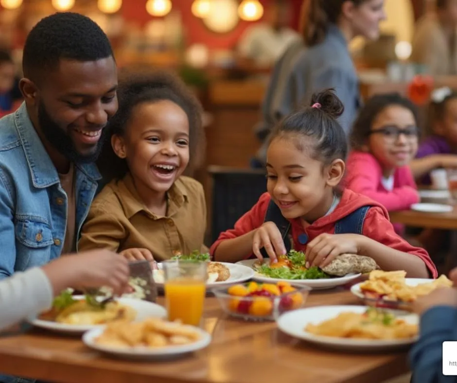 a father and two daughters eating at a cafe
