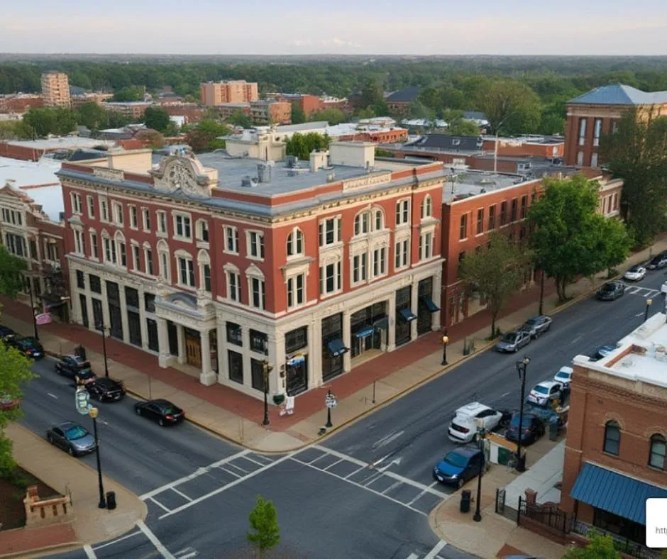 Aerial view of historic buildings in SW Marietta, GA, showcasing charming architecture and tree-lined streets, emphasizing a family-friendly environment and community appeal.