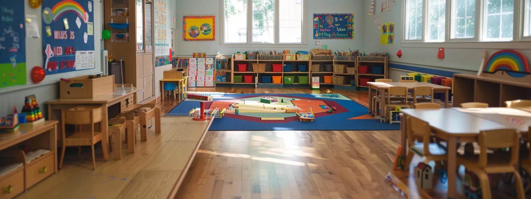 Bright and inviting early childhood classroom with colorful rugs, learning materials, and furniture designed for diverse learners, emphasizing responsive teaching practices and inclusive education.