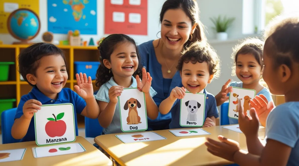 Children engaging in playful language learning with flashcards featuring animals and fruits, guided by a smiling teacher in a colorful classroom setting.