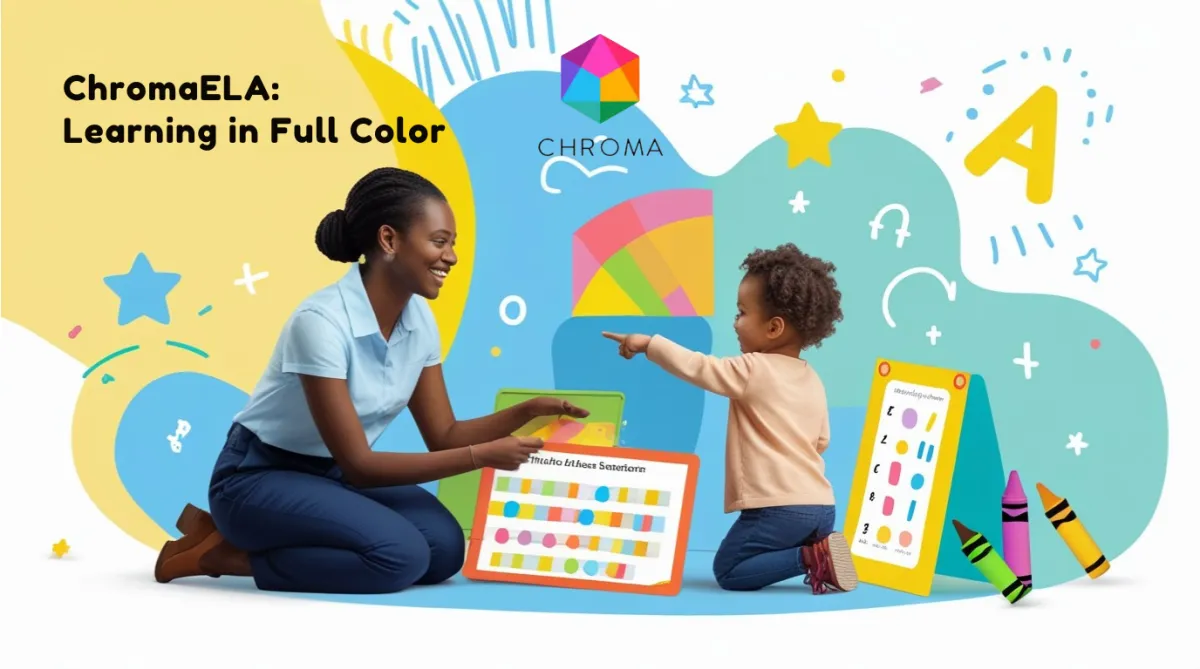 ChromaELA logo with a smiling woman and child engaging in interactive learning, surrounded by colorful educational materials and playful graphics, emphasizing dynamic and practical learning experiences.