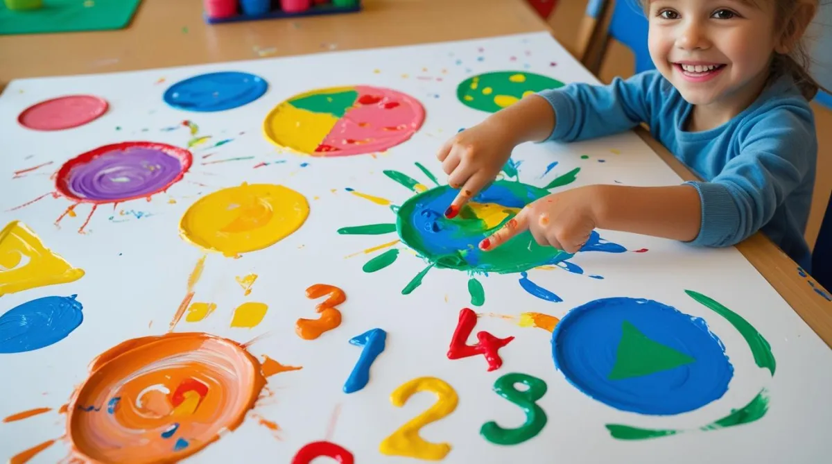 A bright classroom scene where a cheerful young child is finger painting on large white paper. The painting shows colorful shapes—circles, triangles, and squares—mixed with playful paint strokes. Numbers (1, 2, 3…) are subtly drawn in the paint as if the child is counting strokes. The child is smiling, with paint on their fingers, and the environment feels creative, educational, and joyful. Realistic style, vibrant colors, natural lighting.