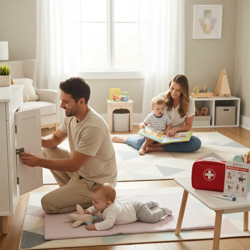 baby lies safely on a soft play mat with colorful toys nearby, while a parent gently baby-proofs the room by securing a cabinet