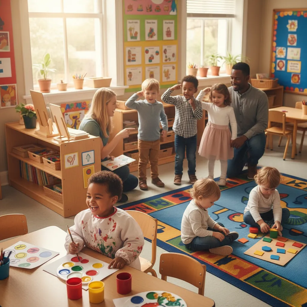 Family in a nursery: father securing a cabinet, infant playing on a mat with a toy, mother reading to a toddler, emphasizing safety and nurturing in early childhood development.