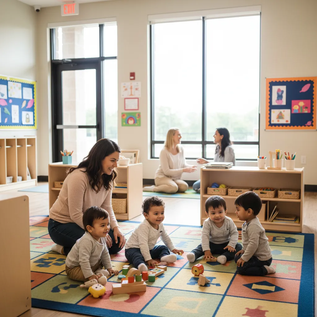group of toddlers play happily on a colorful rug while a smiling caregiver kneels beside them