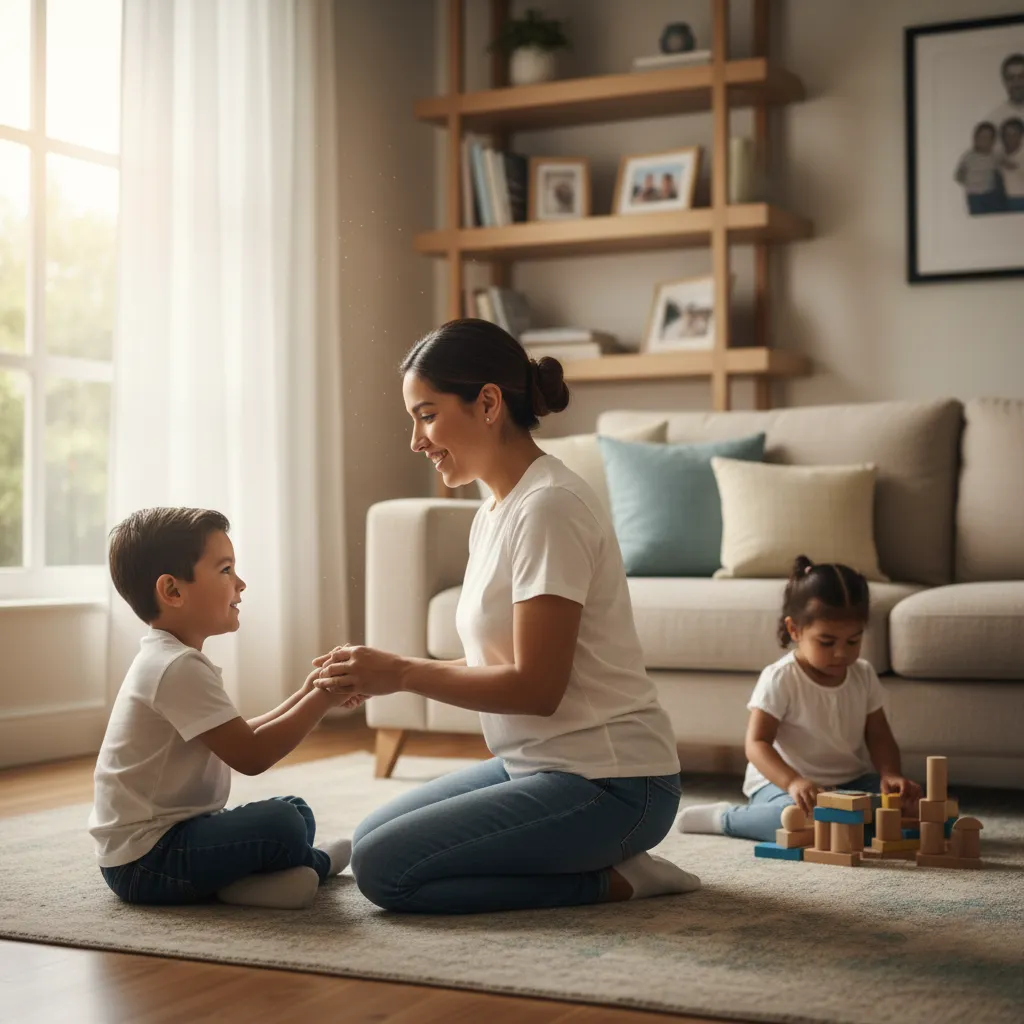 parent kneels at eye level with a young child