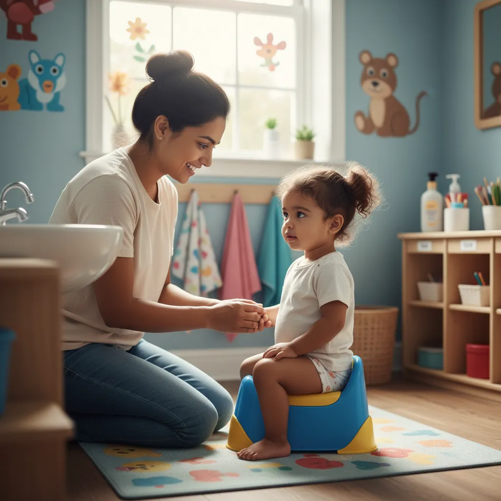 smiling parent kneels beside a young child