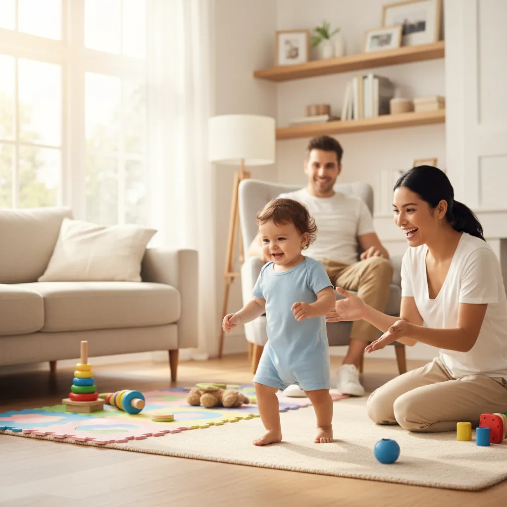 miling baby, around 12 months old, takes wobbly first steps toward a parent kneeling with open arms