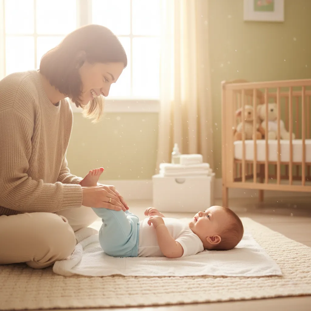 smiling parent sits on a soft blanket, gently massaging their baby’s legs and feet