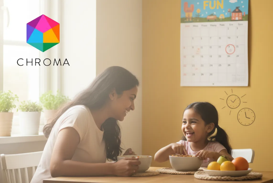 A parent and young child share breakfast at the same small kitchen table, smiling and talking.