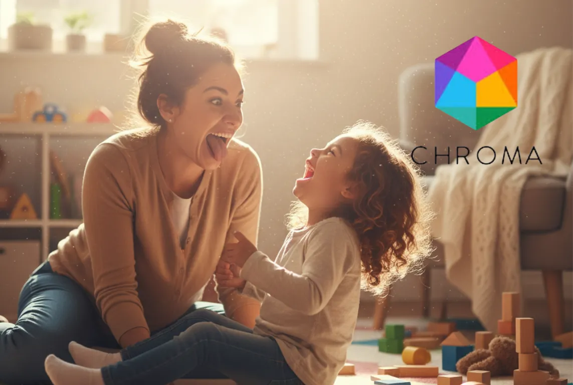 A parent and child share a playful moment—making silly faces or laughing together on the floor among colorful toys.