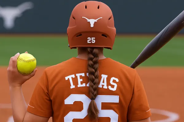 Texas Longhorns softball player holding a bat and ball with headline text about the 2025 championship and LIFTT Leadership logo