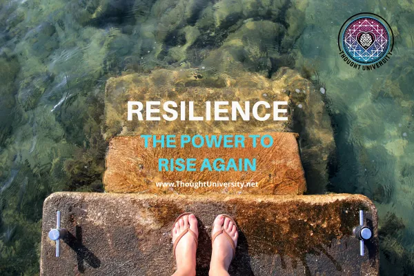Visual of resilience with feet on dock and uplifting message about rising again, representing emotional mastery and inner strength