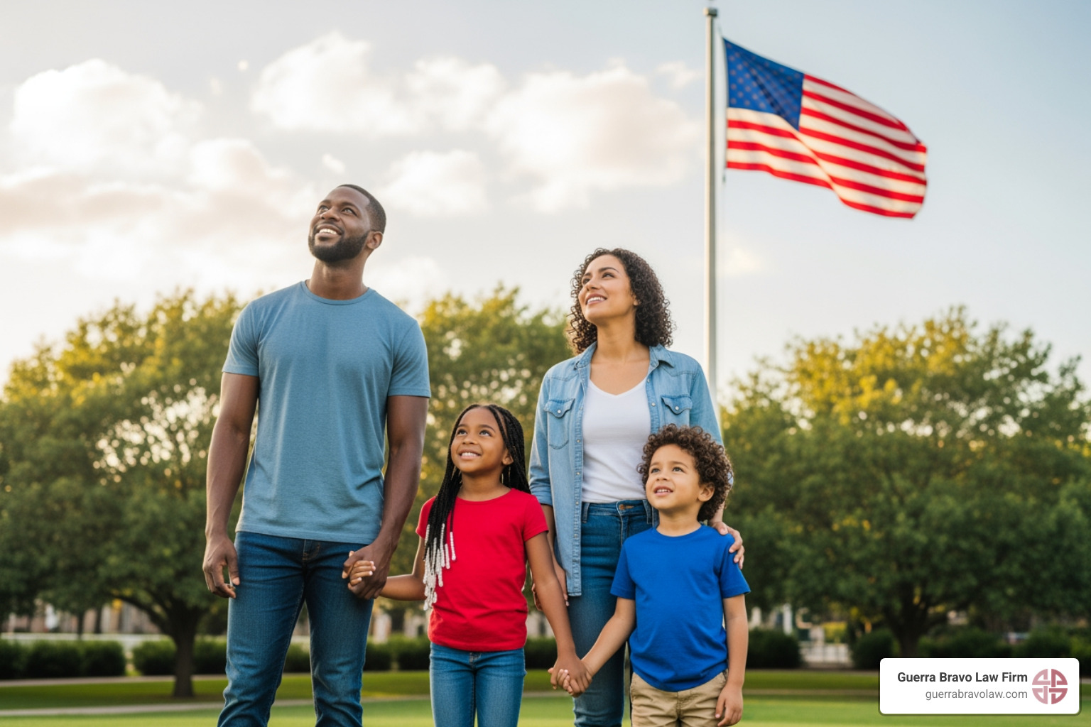 diverse family looking at US flag with hope - Ajuste de estatus